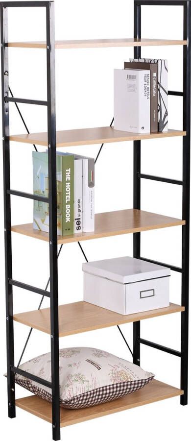 KAMYRA Houten Opbergkast met 5 Planken Boekenkast Kast Kasten Ladderrek Opbergrek MDF & Staal 60x27.5x148 Zwart