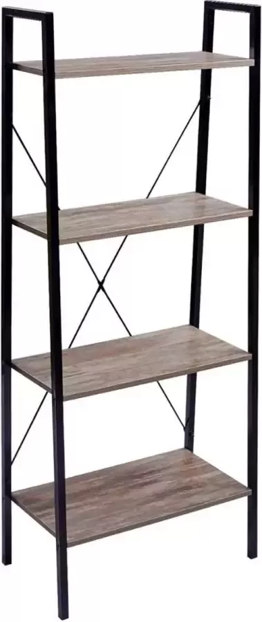 KAMYRA Industriële Boekenkast Opbergkast Boekenrek Ladderrek Rustiek Hout Zwart 60x35x148 cm