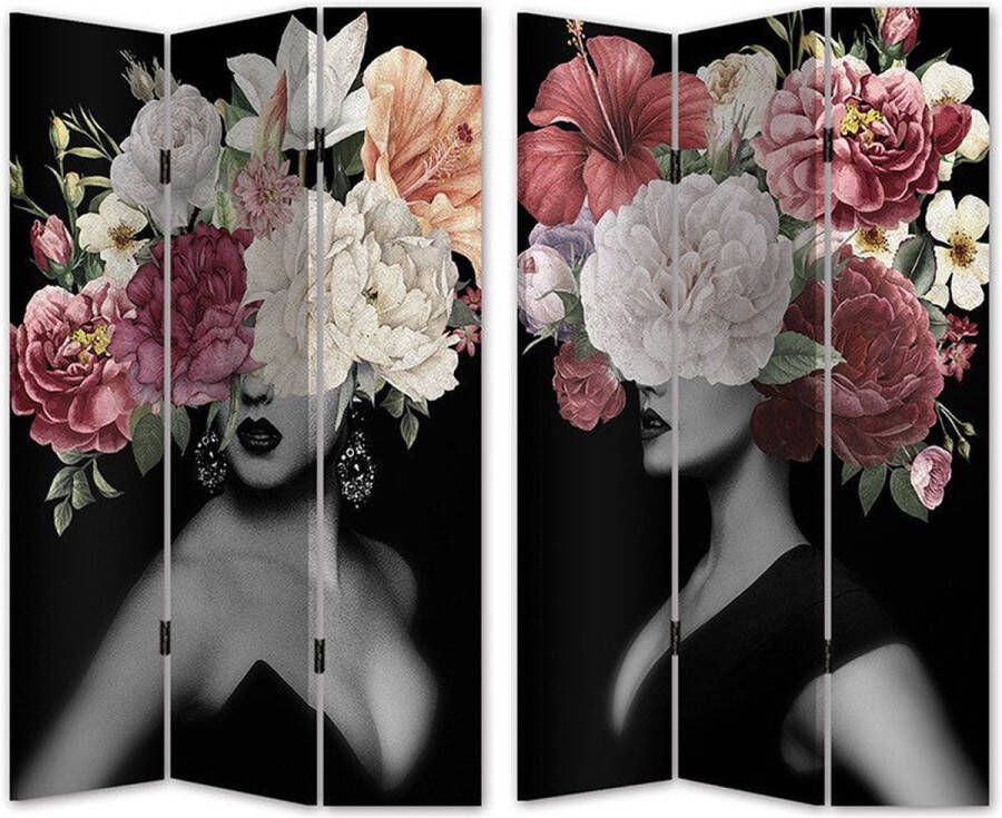 KAMYRA Kamerscherm Zwart Wit Vrouw Met Bloemen Canvas Hout 120x180x2.5cm