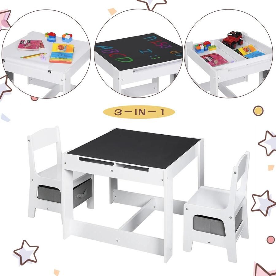 KAMYRA Kindertafel en 2 Stoeltjes met Opbergruimte Speeltafel Kinderbureau Kindermeubel voor Peuter Kleuter & Kinderen MDF Wit - Foto 2
