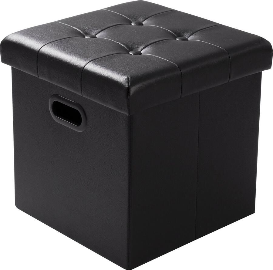 KAMYRA Leren Poef met Opbergruimte Opvouwbare Hocker Opbergpoef Leer & MDF Zwart 37.5x37.5x38