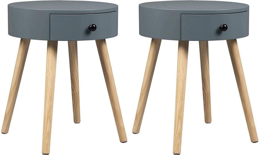 KAMYRA Set van 2 Houten Nachtkastjes met Lade Nachtkastje Bijzettafel Voor Slaapkamer & Woonkamer MDF Grijs 38x38x48 cm