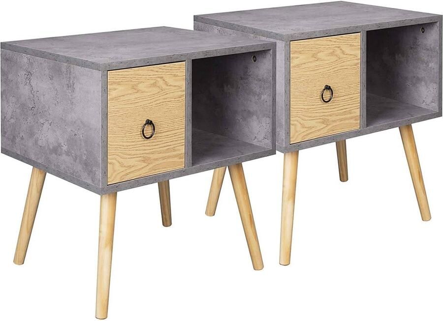 KAMYRA Set van 2 Houten Nachtkastjes Nachtkastje Bijzettafel Voor Slaapkamer & Woonkamer MDF Grijs met Licht Hout 48x40x50 cm