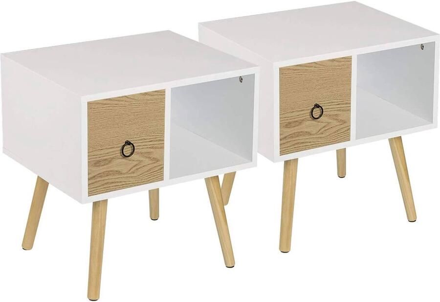 KAMYRA Set van 2 Houten Nachtkastjes Nachtkastje Bijzettafel Voor Slaapkamer & Woonkamer MDF Wit met Licht Hout 48x40x50 cm