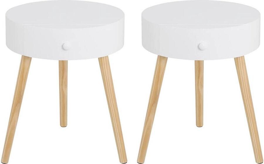 KAMYRA Set van 2 Nachtkastjes met Lade Nachtkastje Bijzettafel Voor Slaapkamer & Woonkamer MDF Wit met Licht Hout 38x38x47 cm