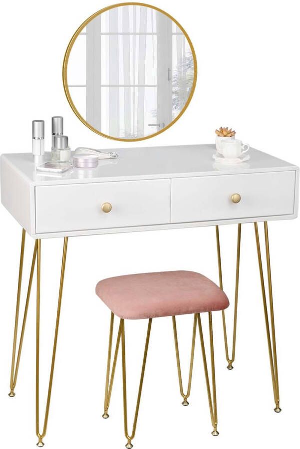 KAMYRA Kaptafel met kruk en spiegel Make Up Tafel Bureau Wit Goud Roze 80 x 40 x 77.5 cm