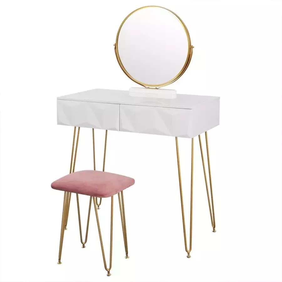 KAMYRA Kaptafel met kruk en spiegel Make Up Tafel Bureau Wit Goud Roze 80x38x80 cm