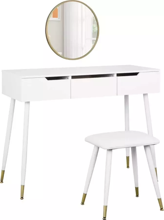 KAMYRA Kaptafel met kruk en spiegel Make Up Tafel Bureau Wit met Goud 100x40x75 5 cm