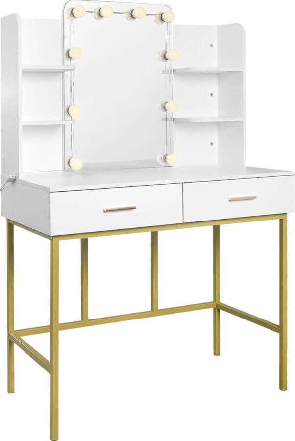 KAMYRA Kaptafel met Verlichting & Spiegel Toilettafel Kaptafels Make Up Tafel Bureau 90x45x136 cm Wit met goud