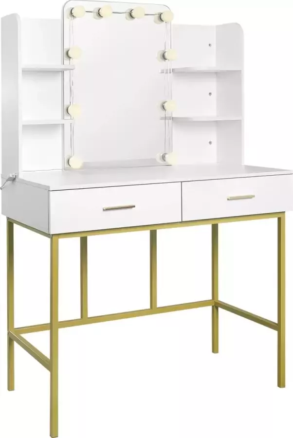 KAMYRA Kaptafel met Verlichting & Spiegel Toilettafel Kaptafels Make Up Tafel Bureau 90x45x136 cm Wit met goud