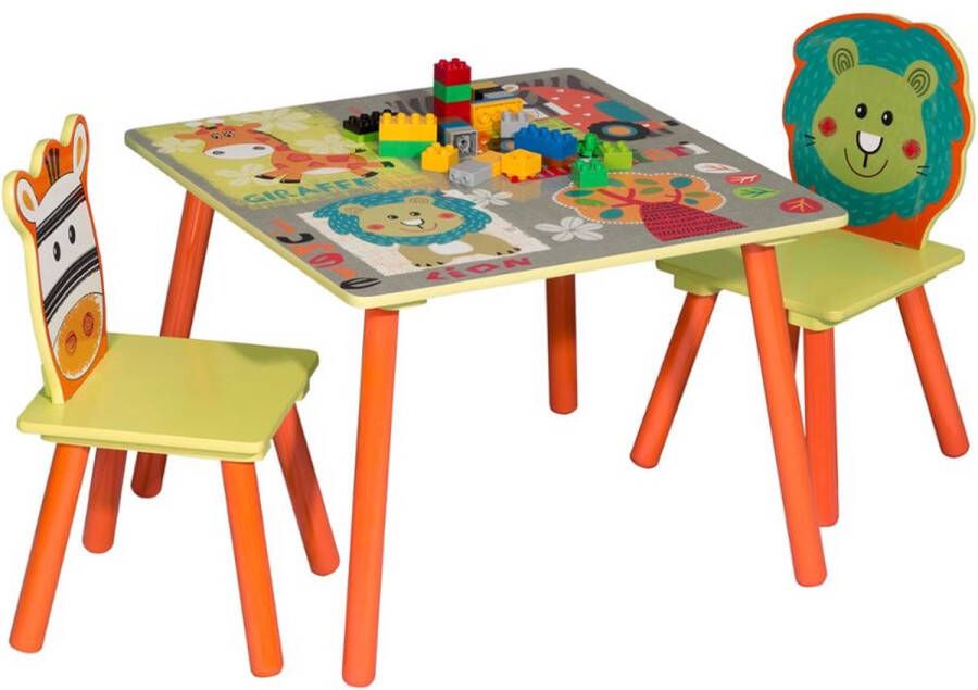 KAMYRA Kindertafel en 2 Stoeltjes Dieren Kindermeubel Tafel Tafeltje voor Peuter Kleuter & Kinderen Hout Gekleurd Dieren