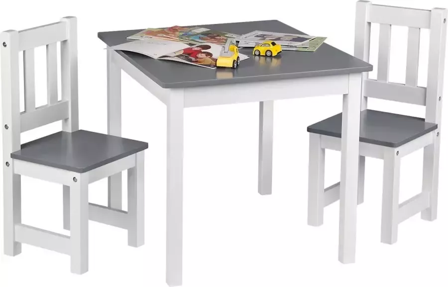 KAMYRA Kindertafel en 2 Stoeltjes Kindermeubel Tafel Tafeltje voor Peuter Kleuter & Kinderen Hout Grijs + Wit