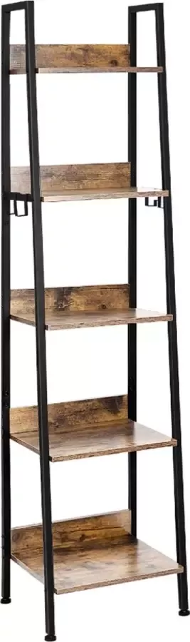 KAMYRA Ladderkast met 5 Lagen Boekenkast Open Kast Wandkast Ladderrek 40x36x170 cm MDF & Metaal Donker Eik Zwart