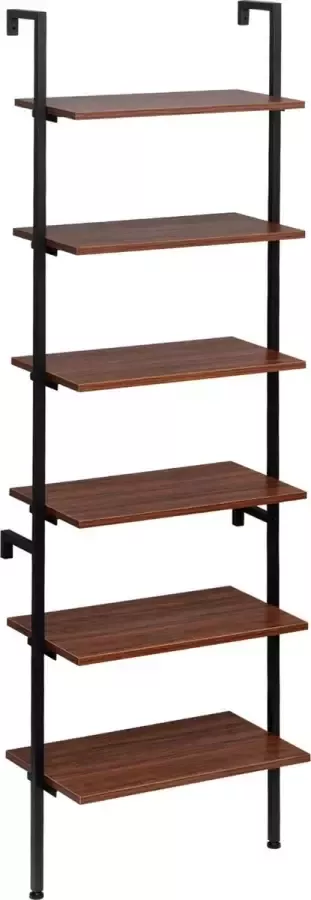 KAMYRA Ladderrek met 6 Lagen Wandrek Ladder Wandkast Ladderkast MDF & Staal 60x30x204 cm Donker Hout met Zwart
