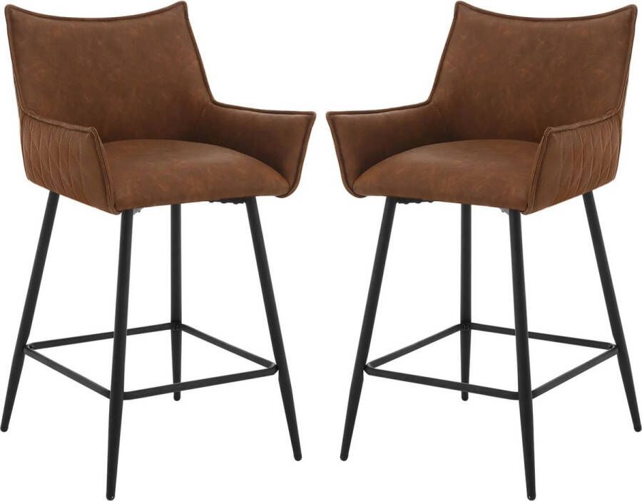 KAMYRA Lederen Barkrukken Set van 2 met Rugleuning & Armleuning Vintage Industrieel Lichtbruin