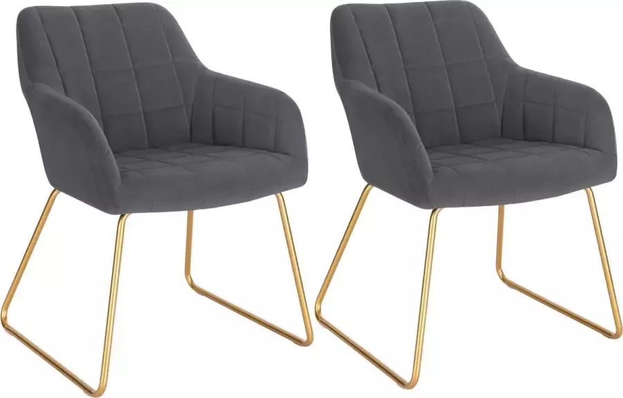 KAMYRA Luxe Eetkamerstoelen Set van 2 met Armleuningen Voor Eettafel Velvet Zitting & Gouden Poten Donkergrijs