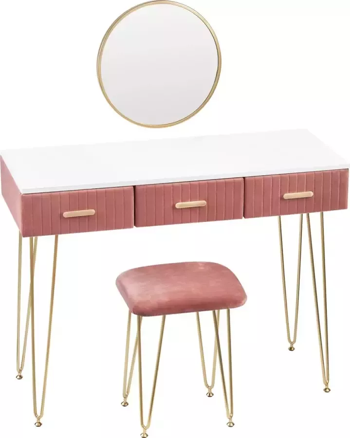 KAMYRA Make Up Tafel met Kruk & Spiegel Kaptafel Toilettafel Bureau Comfortabel stevig en veel opslagruimte Roze
