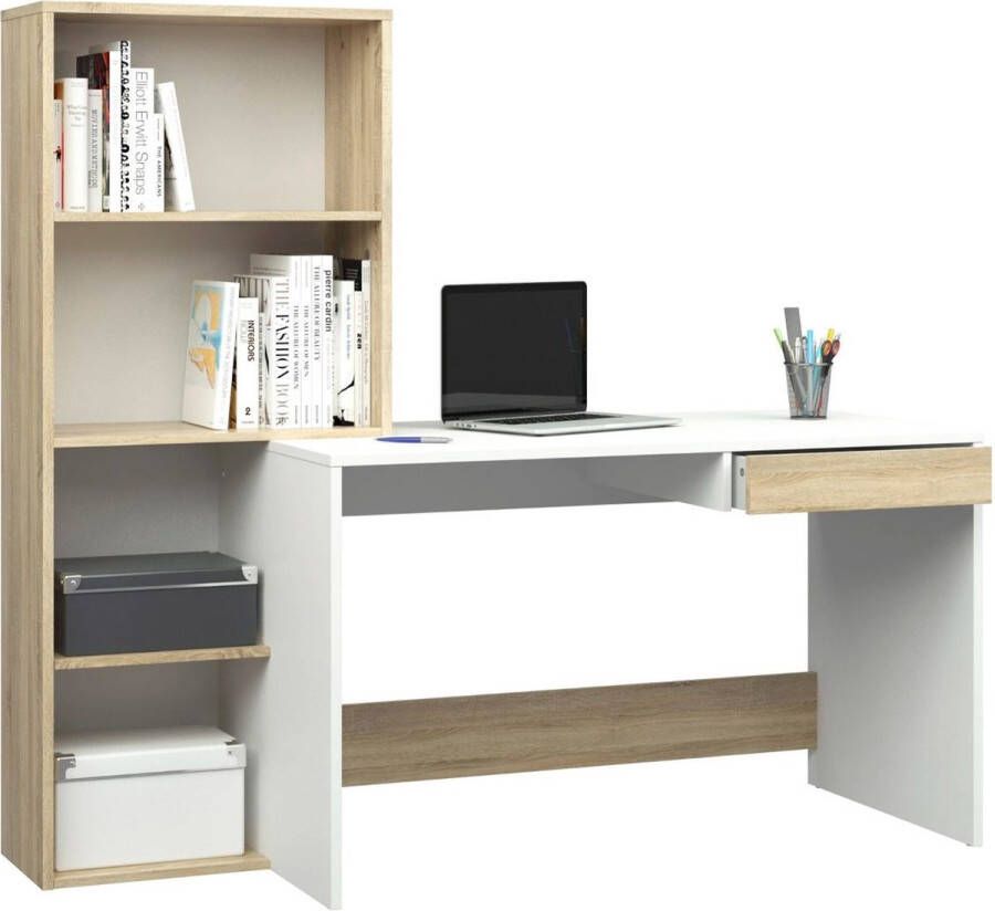 KAMYRA Modern Bureau met Boekenkast Arthur Licht Eik Hout Wit 159x60x145cm