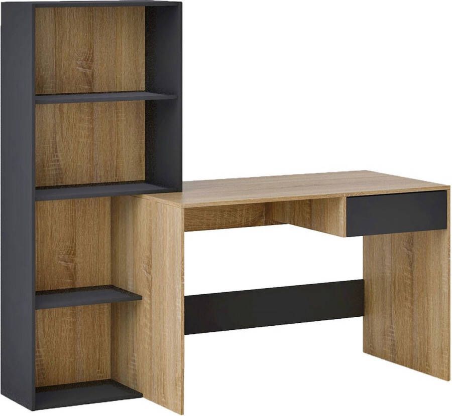 KAMYRA Modern Bureau met Boekenkast Arthur Licht Eik Antraciet 159x60x145cm