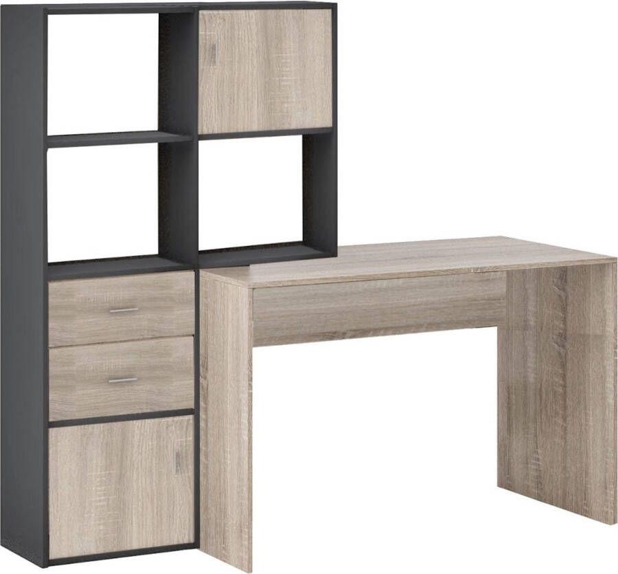 KAMYRA Modern Bureau met Boekenkast Licht Eik Hout Antraciet 170x60 30x151cm