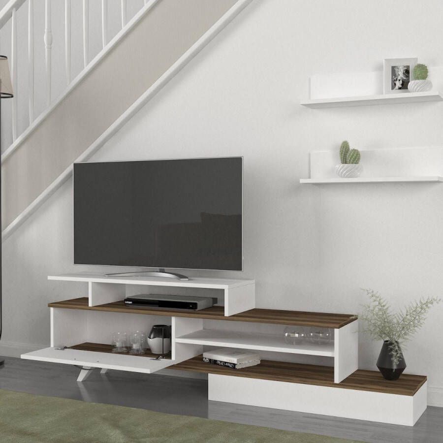 KAMYRA Modern Tv-Meubel Kevin Staande TV-kast met Wandplanken Wit Walnoot 180x29.6x51.8cm