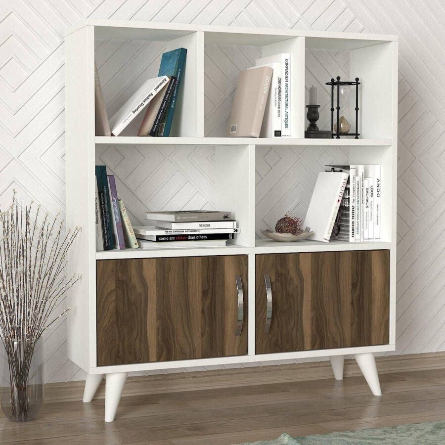 KAMYRA Moderne Boekenkast Symi Wit Walnoot Hout 90x22x105cm