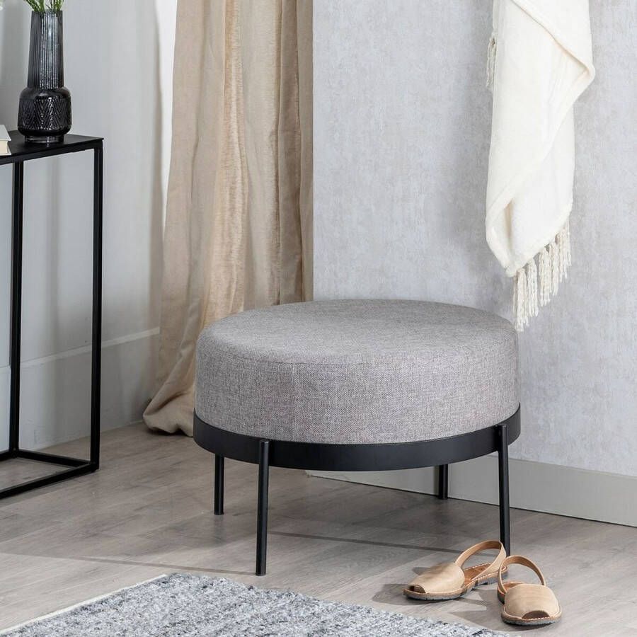 KAMYRA Moderne Ronde Poef Lucas Hocker Kruk Grijs 65 x 65 x 40 cm