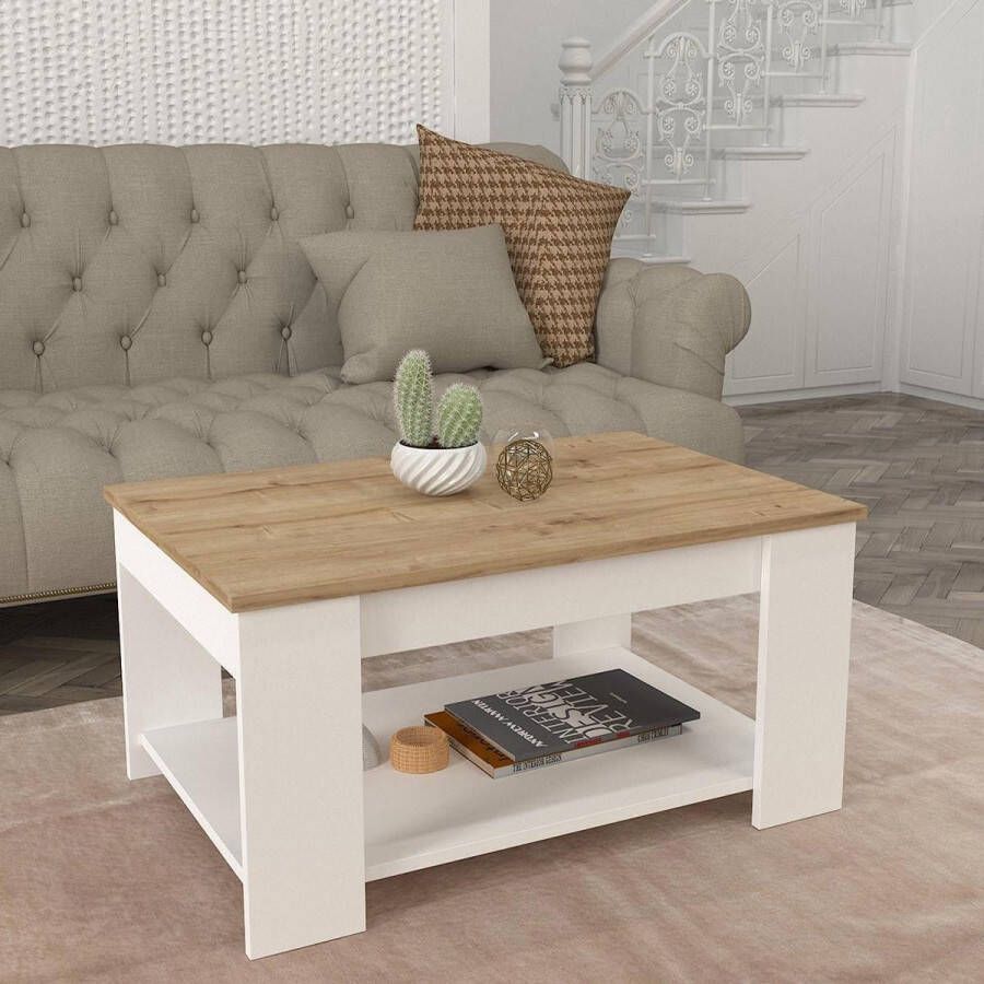 KAMYRA Scandinavische Salontafel Alden Koffietafel Wit Licht Eik Hout 90x60x42cm