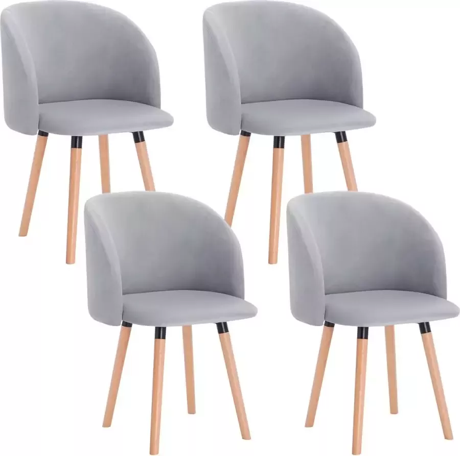 KAMYRA Set van 4 Moderne Eetkamerstoelen Velvet Zitting Kuipstoelen Massief Houten Frame Lichtgrijs