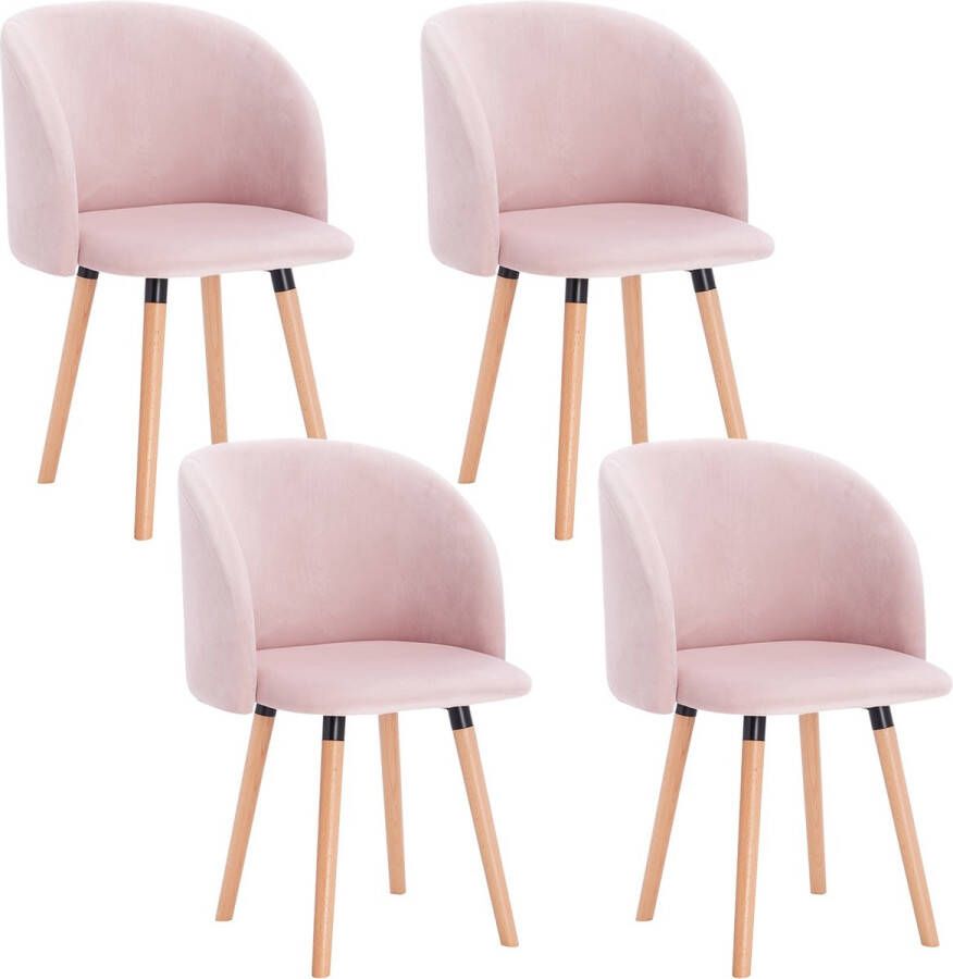 KAMYRA Set van 4 Moderne Eetkamerstoelen Velvet Zitting Kuipstoelen Massief Houten Frame Roze