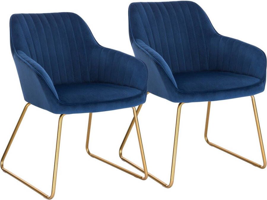 KAMYRA Velvet Eetkamerstoelen met Armleuning Eetkamerstoel Velours Stijlvol Ergonomisch & Comfortabel Set van 2 Blauw met Gouden Poten