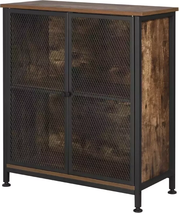 KAMYRA Vintage Houten Kast Boekenkast Dressoir Kastje Kasten Staal & Spaanplaat Donker Hout met Zwart 70x31.5x80 cm