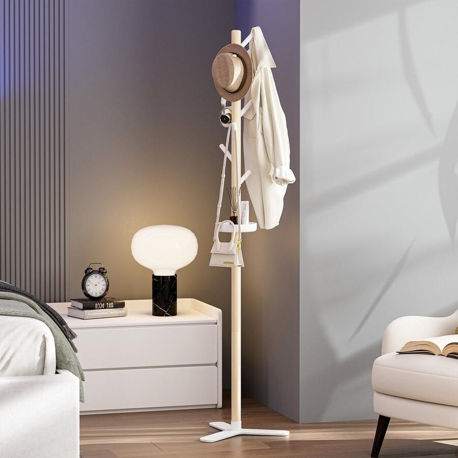 Kapanou Houten kledingrek Vrijstaand halmeubel met opbergvak 7 haken (rustiek kledingrek) voor hoed jas paraplu en accessoires