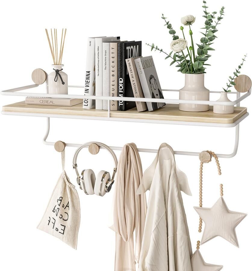 Kapanou Wandkapstok met kledinghaakjes wandplank met natuurlijke houtnerf