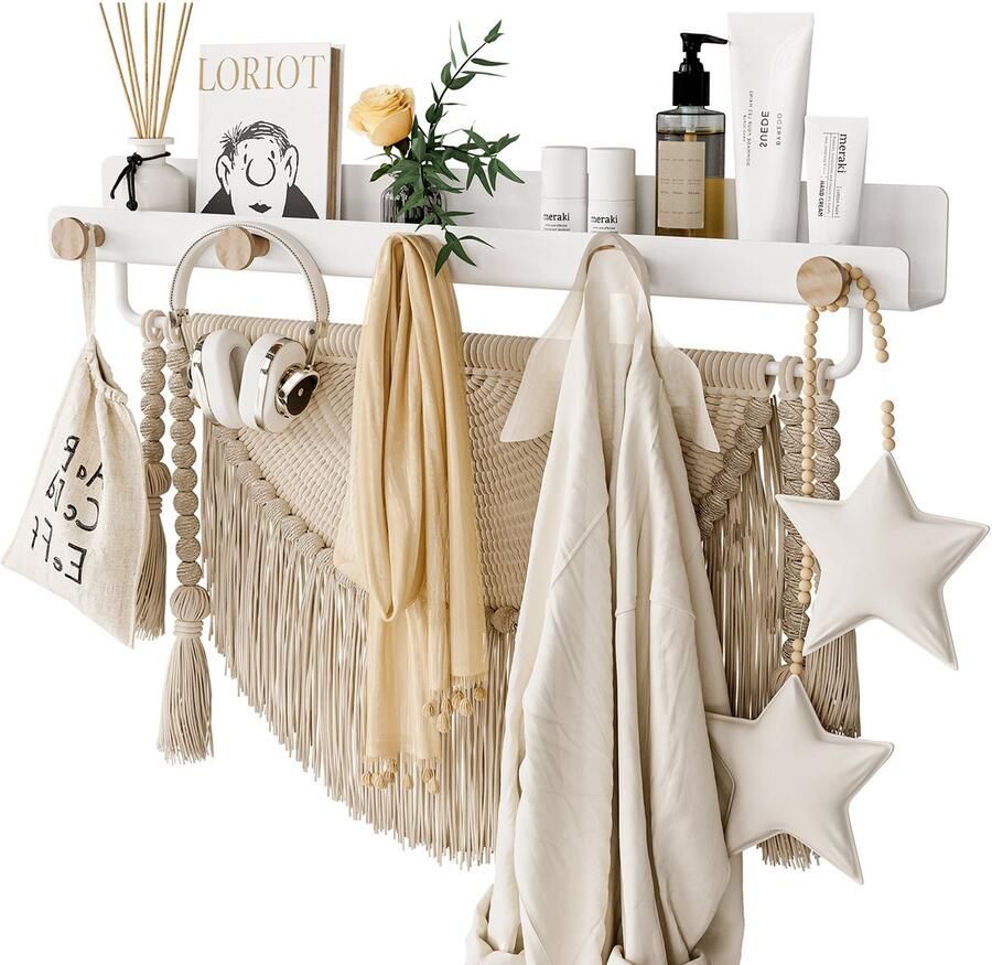 Kapanou Wandkapstok met lip kledinghaken & handdoekhouder wandplank met natuurlijke houtnerf