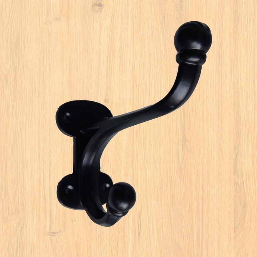 Kapstok-haken.nl Dubbele zwarte ophanghaak Extra groot Gietijzeren kapstokhaak Inclusief 4 schroefjes Wandhaak zwart