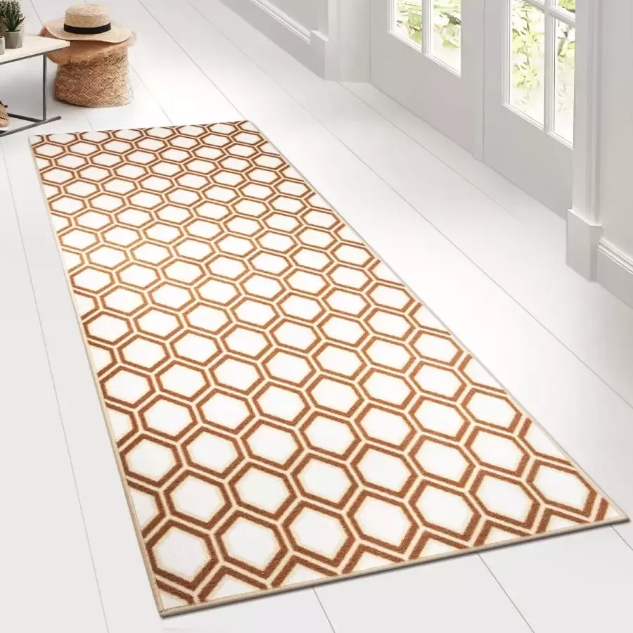 Floordirekt Tapijt Loper Cardiff met Patroon Op Maat Gemaakte Fijn Lus Tapijt Loper Voor Keuken Hal & Woonkamer Honingraatpatroon in Beige 80 x 450 cm - Foto 3