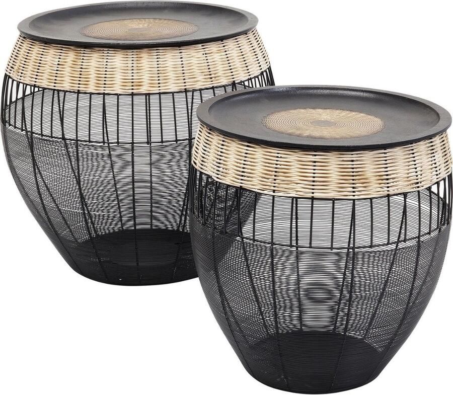 Kare Design African Drums Bijzettafel Set Van 2 Zwart Metaal|Rotan