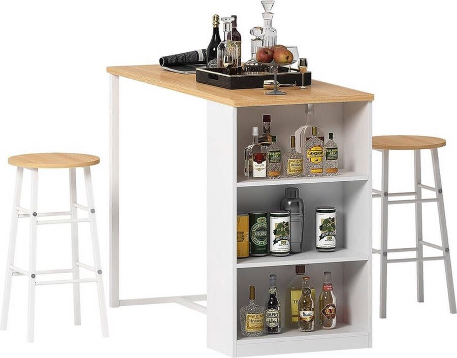 Kari Bartafel met 3 opbergvakken + 2 hoge krukken 3-delige set voor 2 personen eettafel voor keuken eetkamer woonkamer teken wit