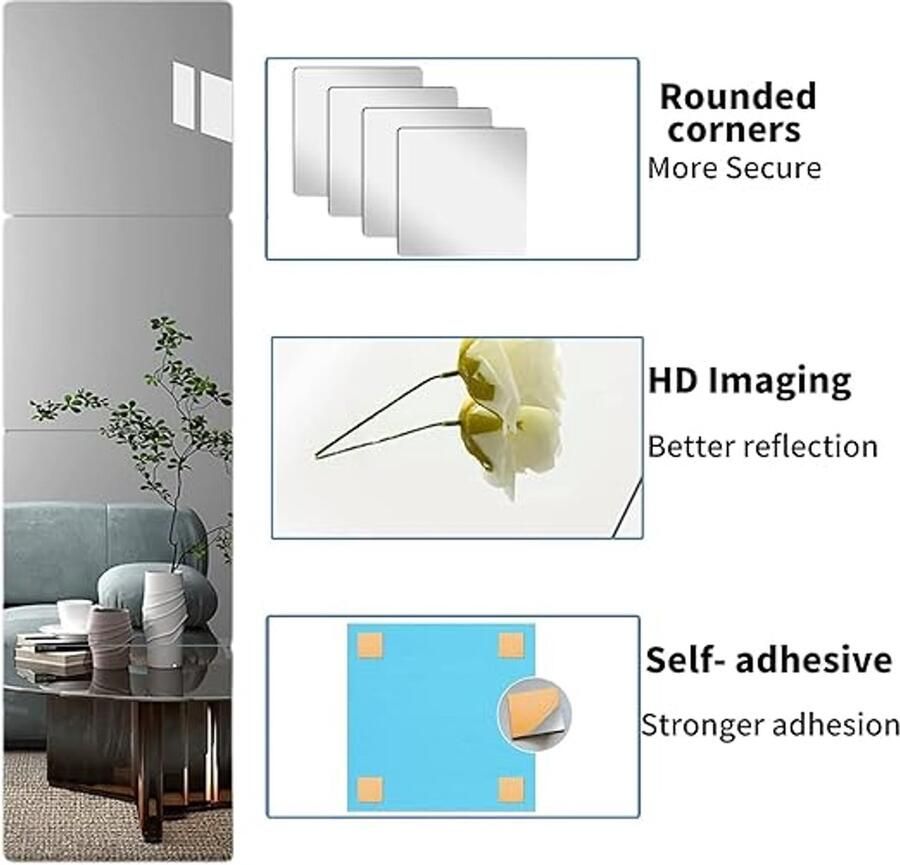 Karma Acryl Vierkante Spiegelfolie Wandspiegel Kleefspiegel Niet Glas Zelfklevende Muursticker 4 Stuks 20 X 20 Cm X 2 Mm Flexibele Spiegel Om Te Plakken Badkamer Woonkamer Slaapkamer Muren En Kasten