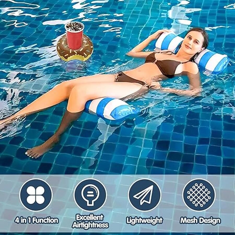 Karma Luchtmatras voor Volwassenen en Kinderen Waterhangmat met Net Duurzaam Waterhangmat met Opblaasbare Bekerhouder 4-in-1 Luchtmatras met Net voor Zwembaden Stranden (Blauw)