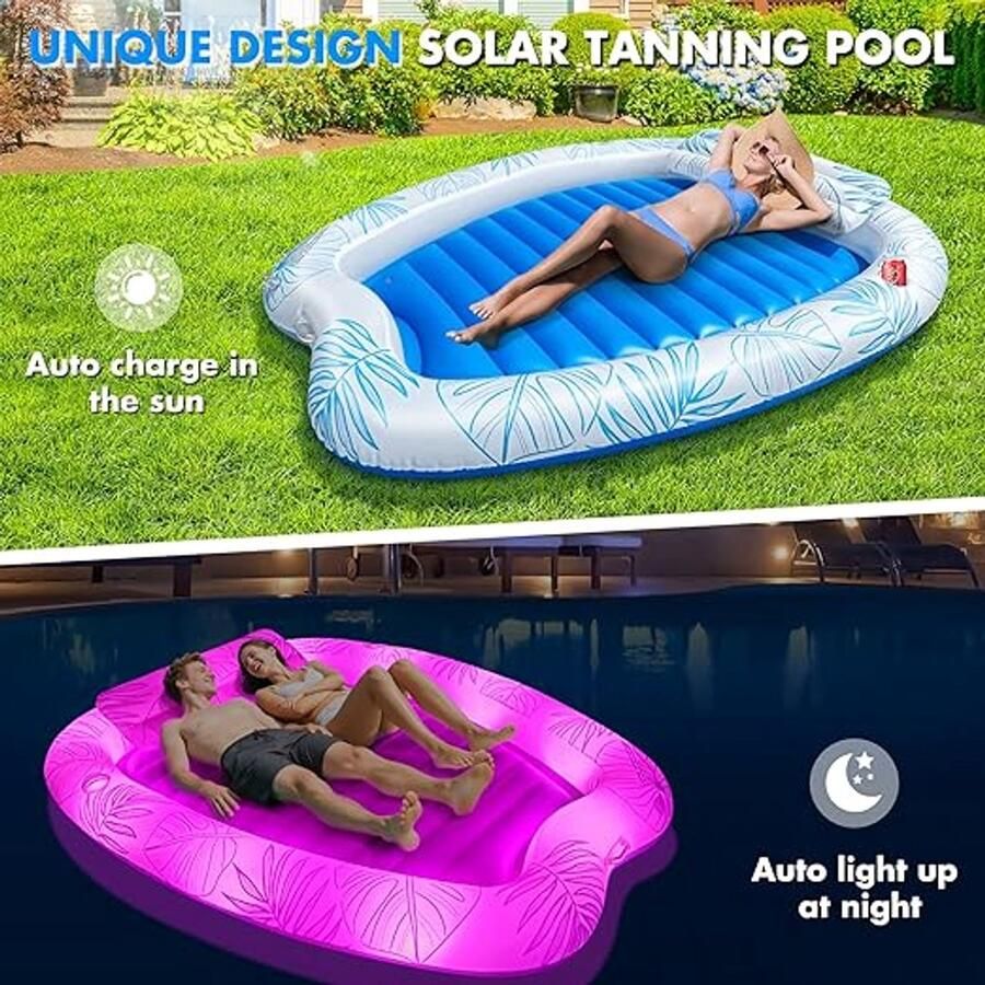 Karma Luchtmatras voor zwembad met kleurrijk licht zonne-zwembad luchtmatras voor volwassenen vakantie zwembad lounge opblaasbaar met bekerhouder en hoofdsteun luchtmatras voor 2 personen