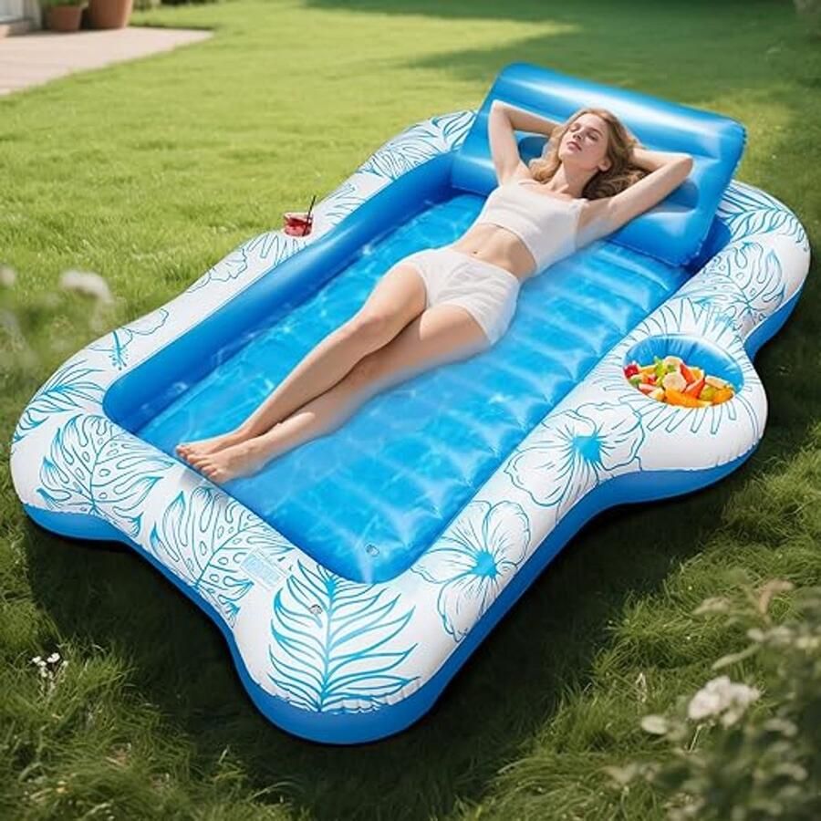 Karma Opblaasbaar zwembad 180 × 120 cm met afneembaar nekkussen 2 bekerhouders ergonomische geribbelde basis multifunctioneel badeiland voor tuin strand meren