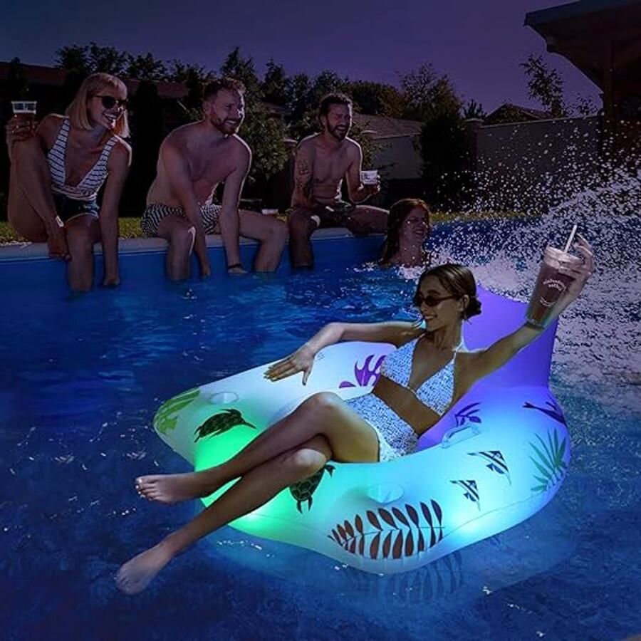 Karma Opblaasbaar zwembad luchtmatras zwemstoel met wisselend licht op zonne-energie waterzwembad voor volwassenen bank met 2 bekerhouders luchtmatras zwembad voor volwassenen