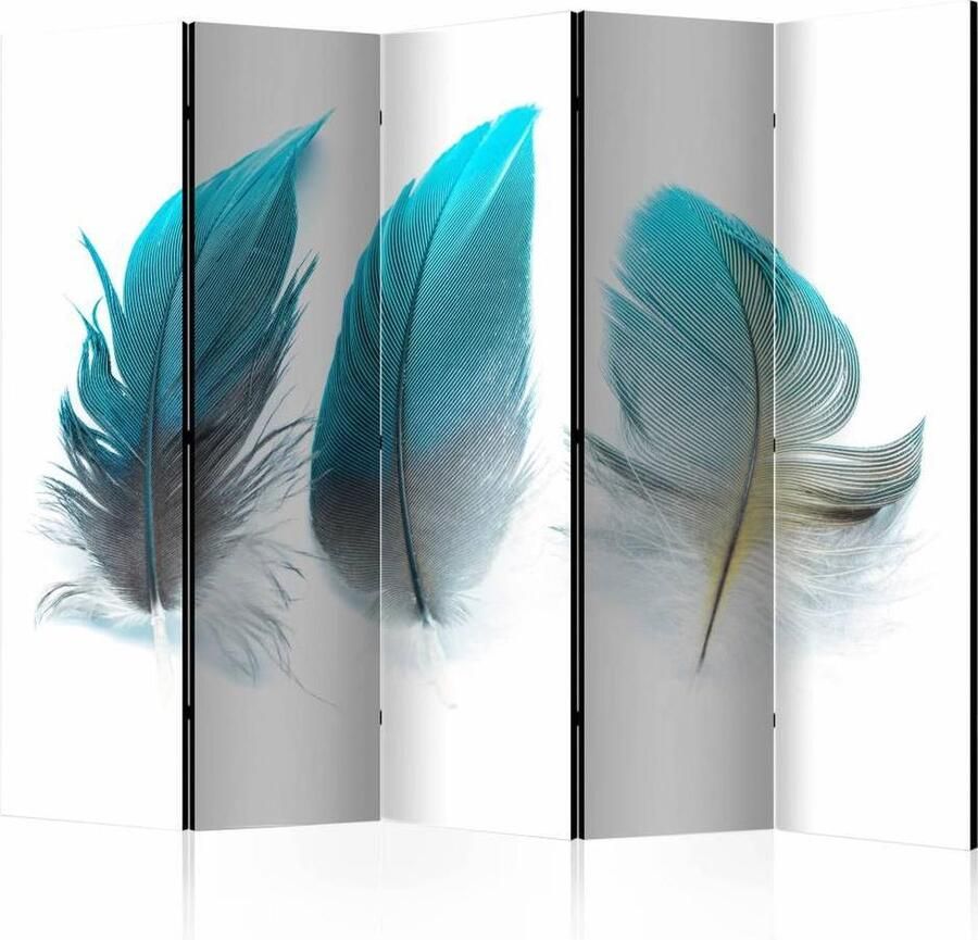 Karo-art Vouwscherm Blauwe veren 225x172cm gemonteerd geleverd dubbelzijdig geprint (kamerscherm)