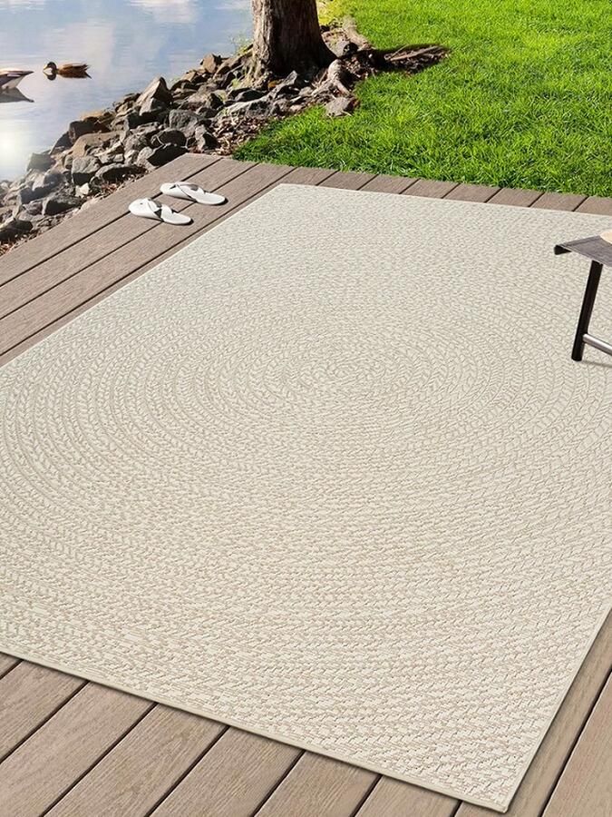 Karpet24 Buitentapijt met jute look| Rechthoekig met cirkelmotief natuurlijke look voor tuin balkon of terras Weer- en UV-bestendig Tuintapijt Cream-120 x 170 cm