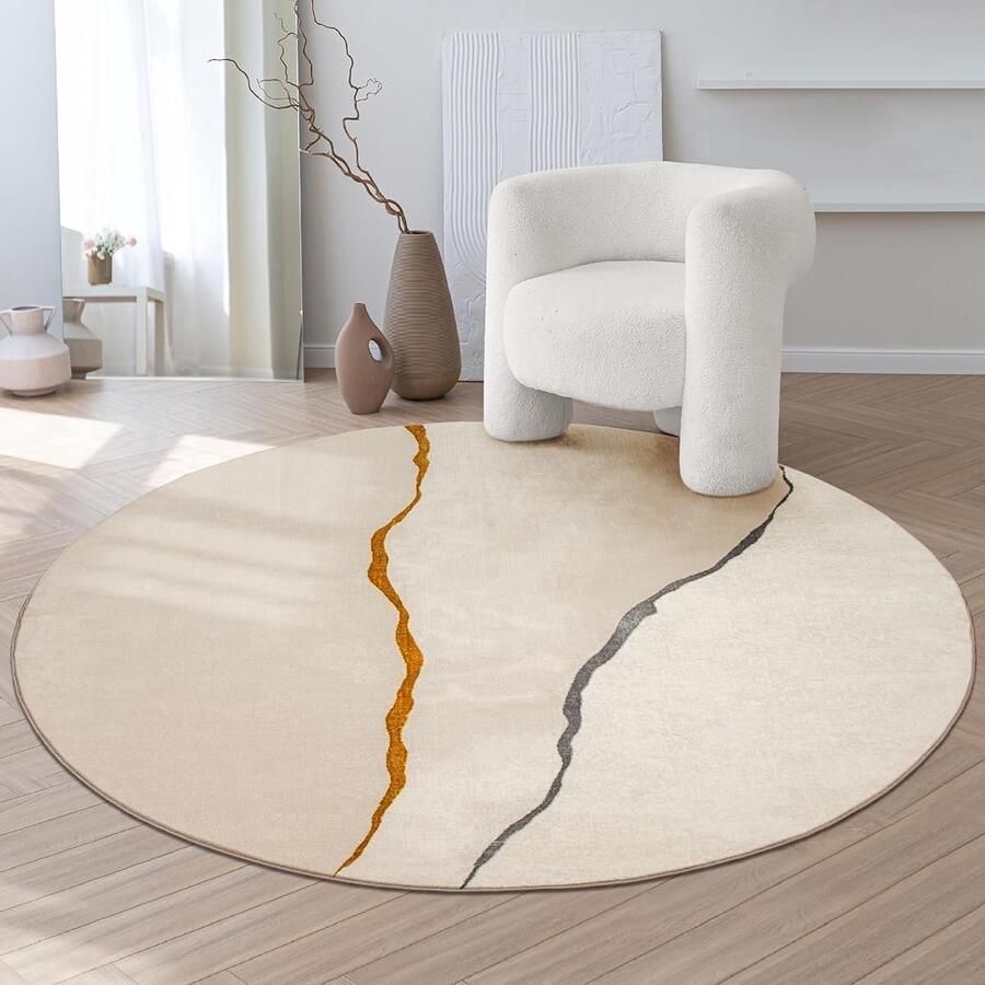 Karpet24 Vloerkleed Mila modern tapijt woonkamer elegant glanzend kortpolig met kleuraccenten in goud en of zilver patroon-Ø 200 cm rond