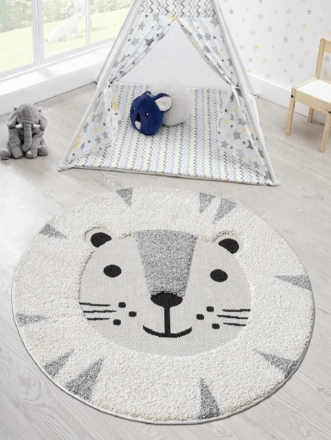 Karpet24 Kayra Zacht Kinderkleed 3D-look Luna Leeuw Zachte Pool Onderhoudsvriendelijk Cream-Ø 200 cm