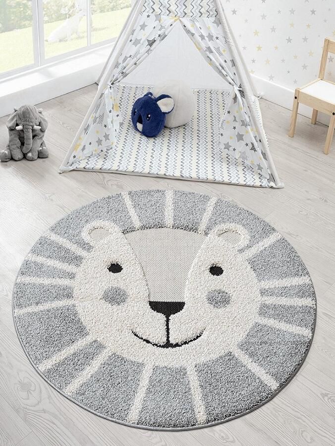 Karpet24 Kayra Zacht Kinderkleed 3D-look Luna Leeuw Zachte Pool Onderhoudsvriendelijk Grijs-Ø 120 cm