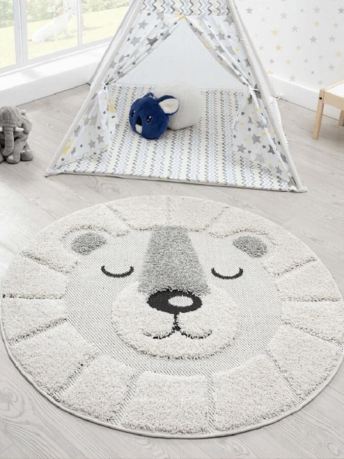 Karpet24 Kayra Zacht Kinderkleed Leeuwenpatroon Zachte Pool Onderhoudsvriendelijk Crème Ø120 cm rond